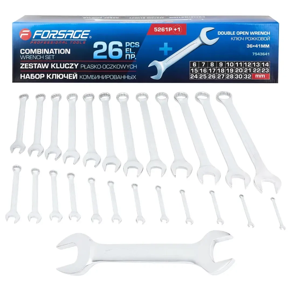 Ключи комбинированные (6-28, 30, 32мм) и ключ рожковый 36х41мм, набор 26пр. Forsage F-5261P+1