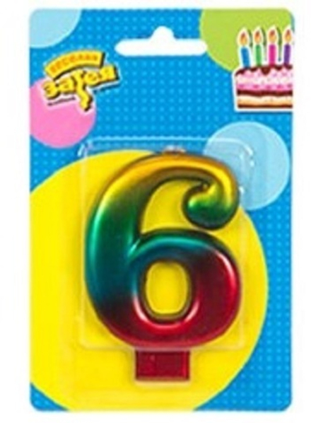 Свеча -цифра "6" Радуга металлик 8см/V