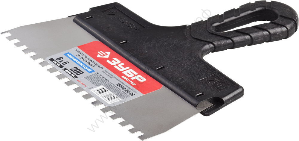 ЗУБР 200 мм, зуб 6х6 мм, зубчатый пластиковая ручка, нержавеющий, Фасадный шпатель, МАСТЕР (10078-20-06)