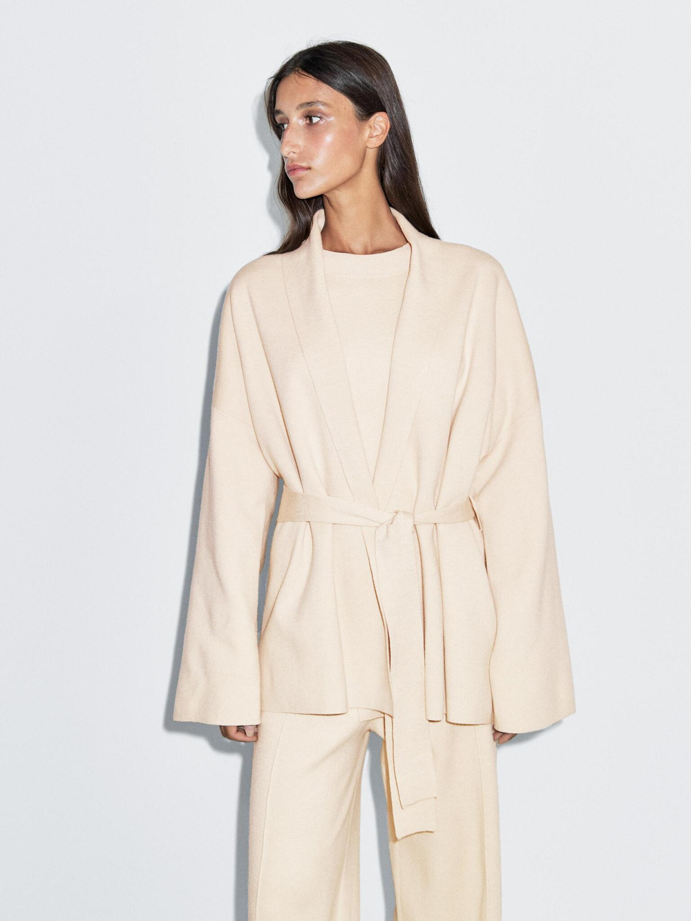 Massimo Dutti Вязаный кардиган с поясом, бежевый