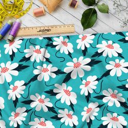 Ткань таффета простые ромашки на зелёном фоне