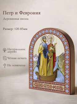 Икона аркой Петр и Феврония (в ладье), блг.князья на дереве: 95 х 120 (Синопсисъ)