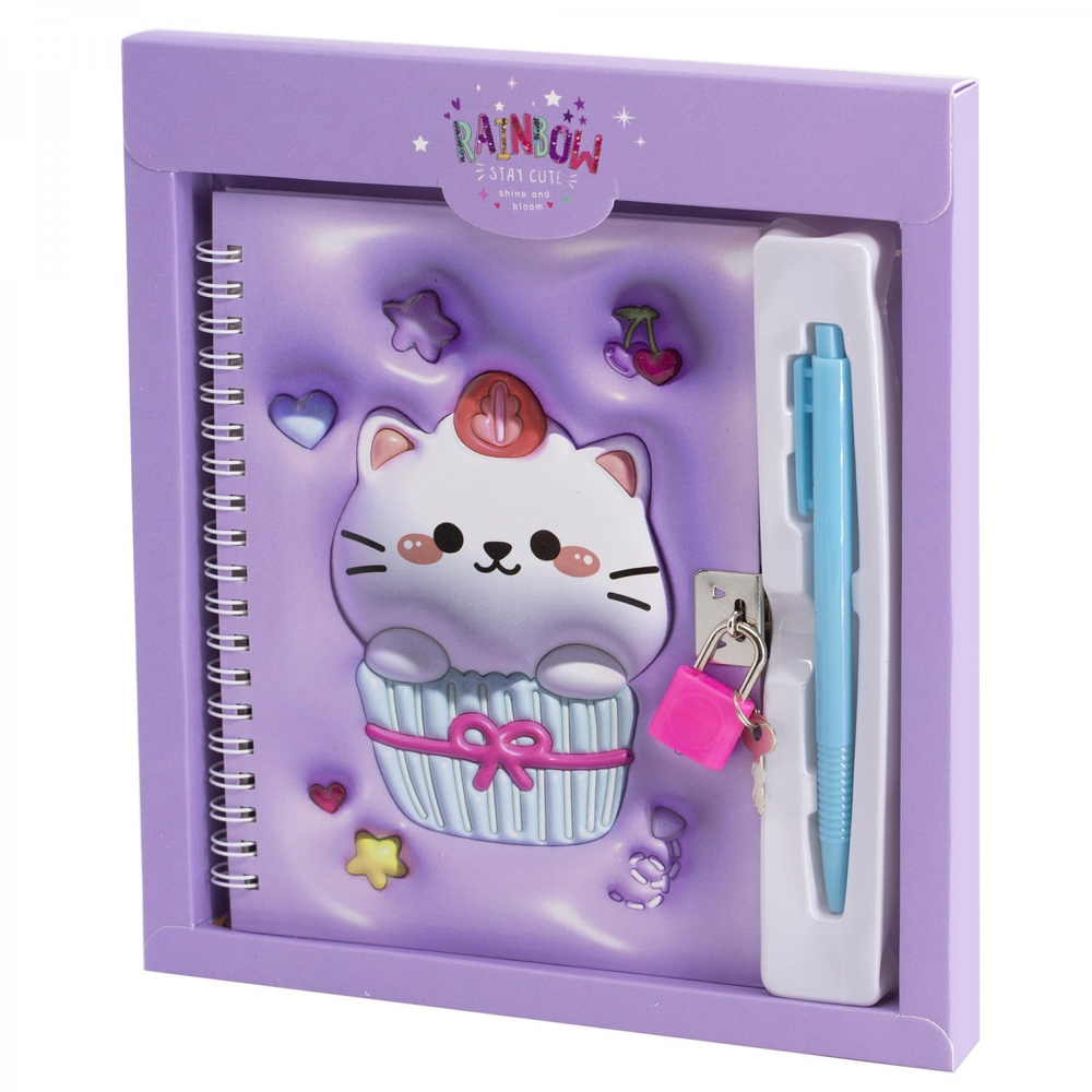 Блокнот в футляре, 19 см * 12,5 см, гребень, Alingar, ламин, конгрев, эффект 3D, ручка, замочек, клетка, 45 л., "Котик", сиреневый