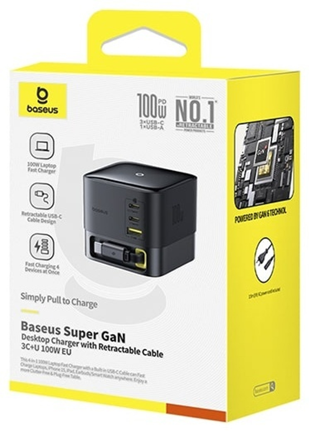 Зарядное устройство Baseus Super GaN Desktop with Retractable Cable 3C+U 100W USB Type-C, USB черный