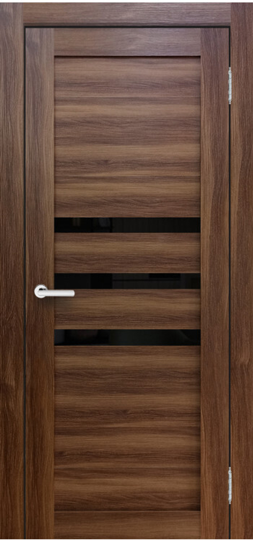 Межкомнатная дверь Велюкс 2 Ясень сноу / Цвет Орех / Остекление "Лакобель черное" / Двери Верда