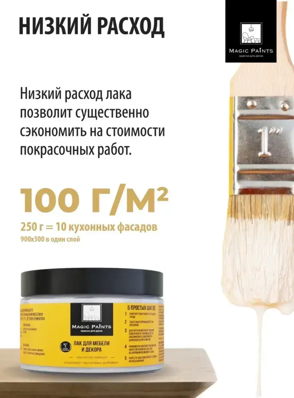 Лак акриловый для мебели и декора, защиты и творчества, износостойкий матовый бесцветный Magic Paints, 0.25 кг