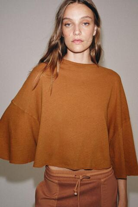 ZARA ФУТБОЛКА ИЗ ХЛОПКА И ЛЬНА, ЦВЕТ ЖЖЕНОГО АПЕЛЬСИНА