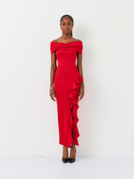 Платье с воланом на сборке красное L