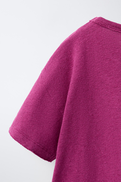 ZARA ФУТБОЛКА ИЗ ХЛОПКА И ЛЬНА, ЦВЕТ ФУКСИИ