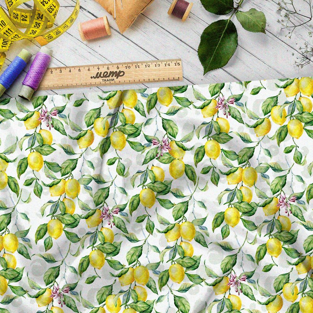 Ткань оксфорд 600 яркие лимонные ветки на белом фоне