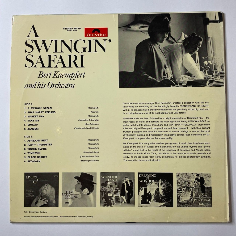 Винтажная виниловая пластинка LP Bert Kaempfert And His Orchestra A Swingin Safari (Germany 1966)