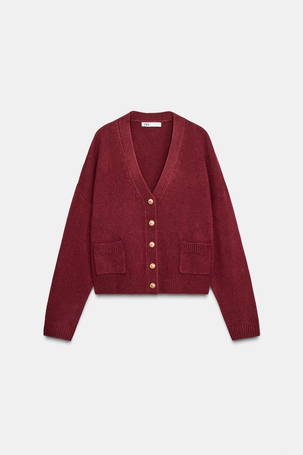 ZARA КАРДИГАН ИЗ 100% ШЕРСТИ С ЗОЛОТИСТЫМИ ПУГОВИЦАМИ, ГРАНАТОВЫЙ