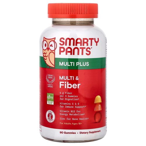 SmartyPants, Multi Plus, мультивитамины и клетчатка, со вкусом клубники, апельсина и лимона, 90 жевательных таблеток