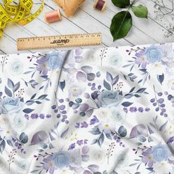 Ткань таффета сиреневый букет на белом фоне