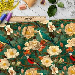 Ткань премиум таффета птахи в цветущем саду