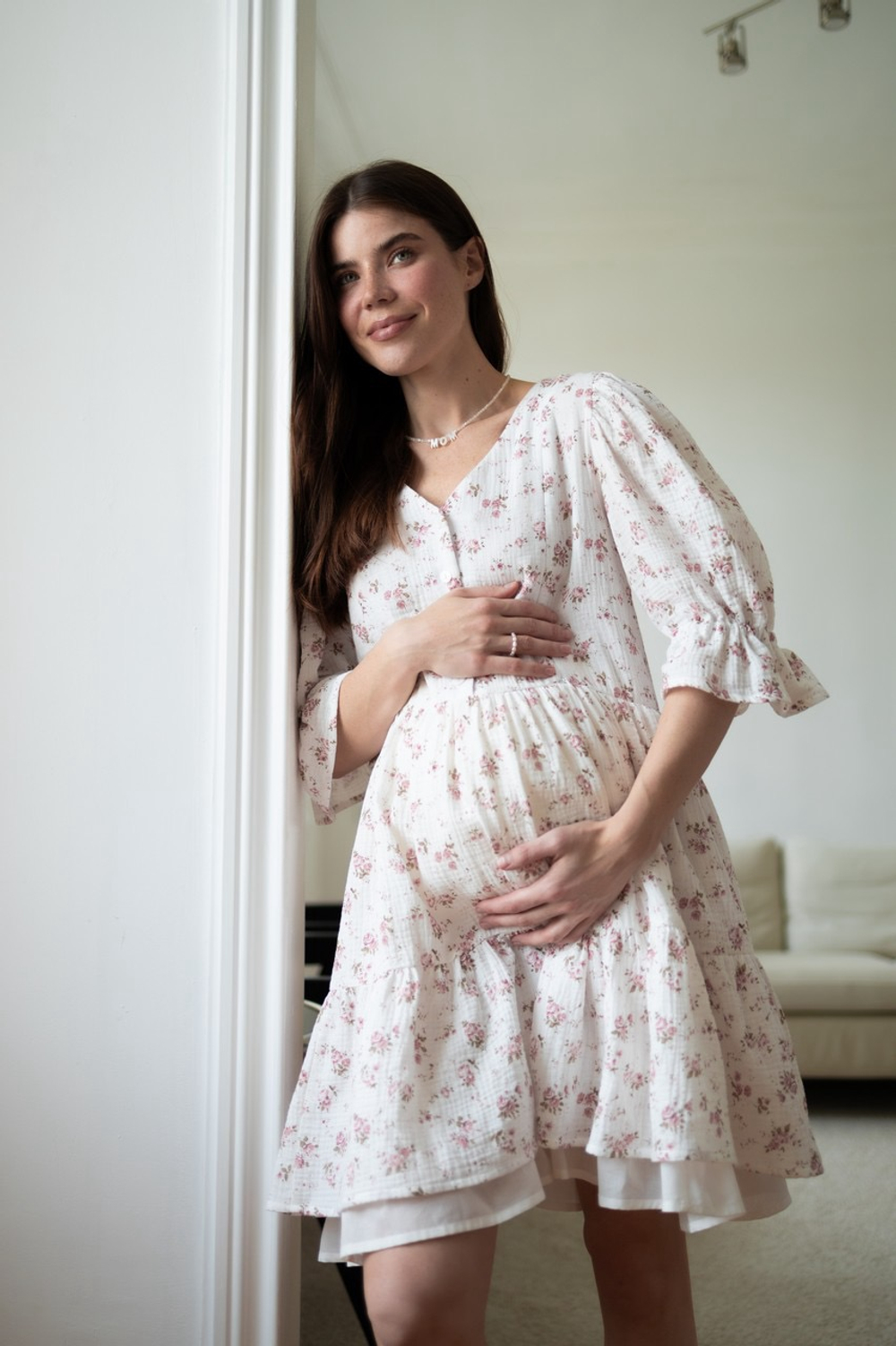 Платье Милана из муслина для беременных и кормящих, Айвори с цветами