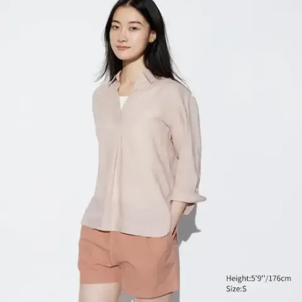 UNIQLO РУБАШКА СО ШКИПЕРСКИМ ВОРОТНИКОМ И РУКАВАМИ 3/4 ИЗ 100% ЛЬНА ПРЕМИУМ-КЛАССА, БЕЖЕВЫЙ