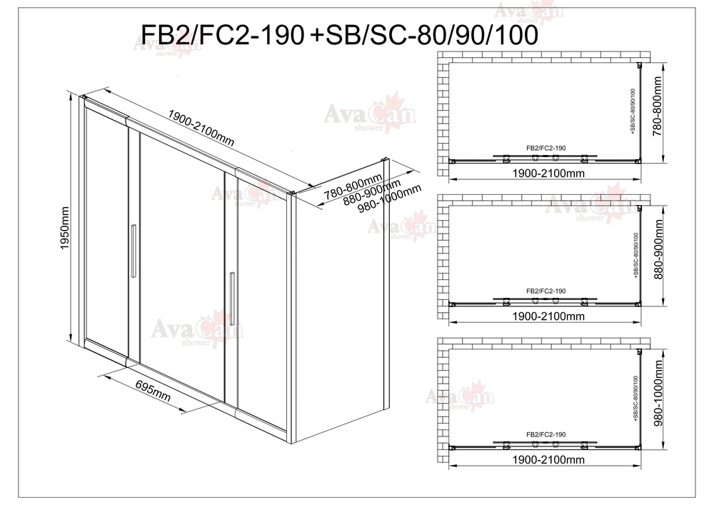 Душевой уголок AvaCan FB2 190-210  + SB90 MT