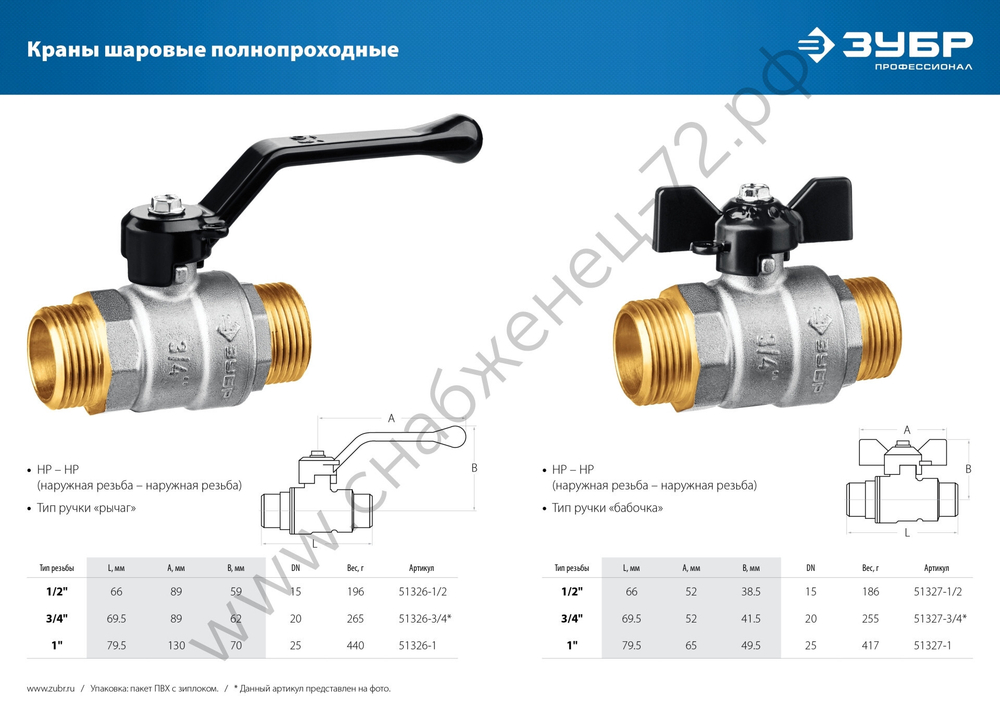 ЗУБР d 1/2″, ручка ″бабочка″, ″папа-папа″, Полнопроходной шаровой кран (51327-1/2)