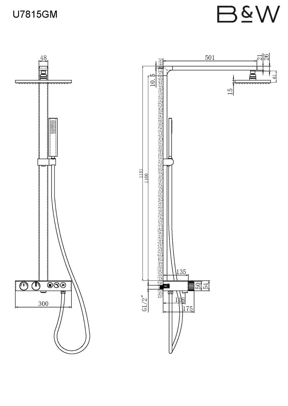 Душевая система Black&White Universe с термостатом, Gun Metal (U7815GM)