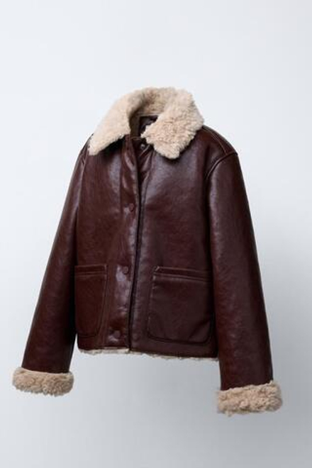 ZARA КУРТКА ИЗ ОВЧИНЫ И ИСКУССТВЕННОЙ КОЖИ, БУРГУНДИ