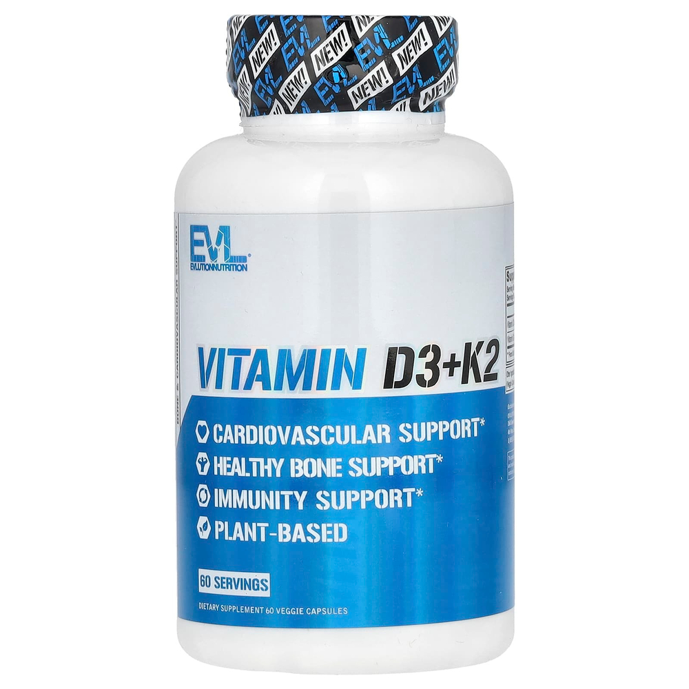 EVLution Nutrition, витамины D3 и K2, 60 растительных капсул