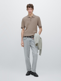 Massimo Dutti Свитер поло из смесового хлопка с узором «косы», бежевый