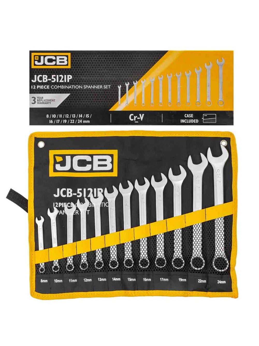 Набор ключей комбинированных 12пр.(8, 10-17, 19, 22, 24мм),на полотне JCB JCB-5121P