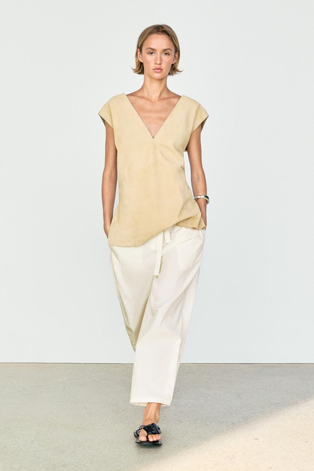 Massimo Dutti Брюки из смесовой хлопковой ткани с завязками, белый