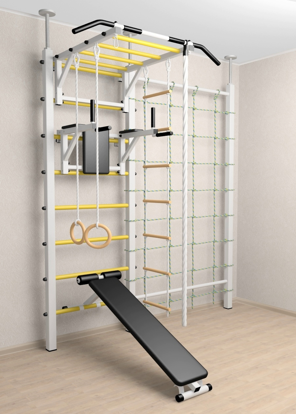 Шведская стенка Sv Sport враспор (Турник рукоход/Брусья/Скамья/Канат/Kольца/Лестница/Канатный лаз/Сетка)