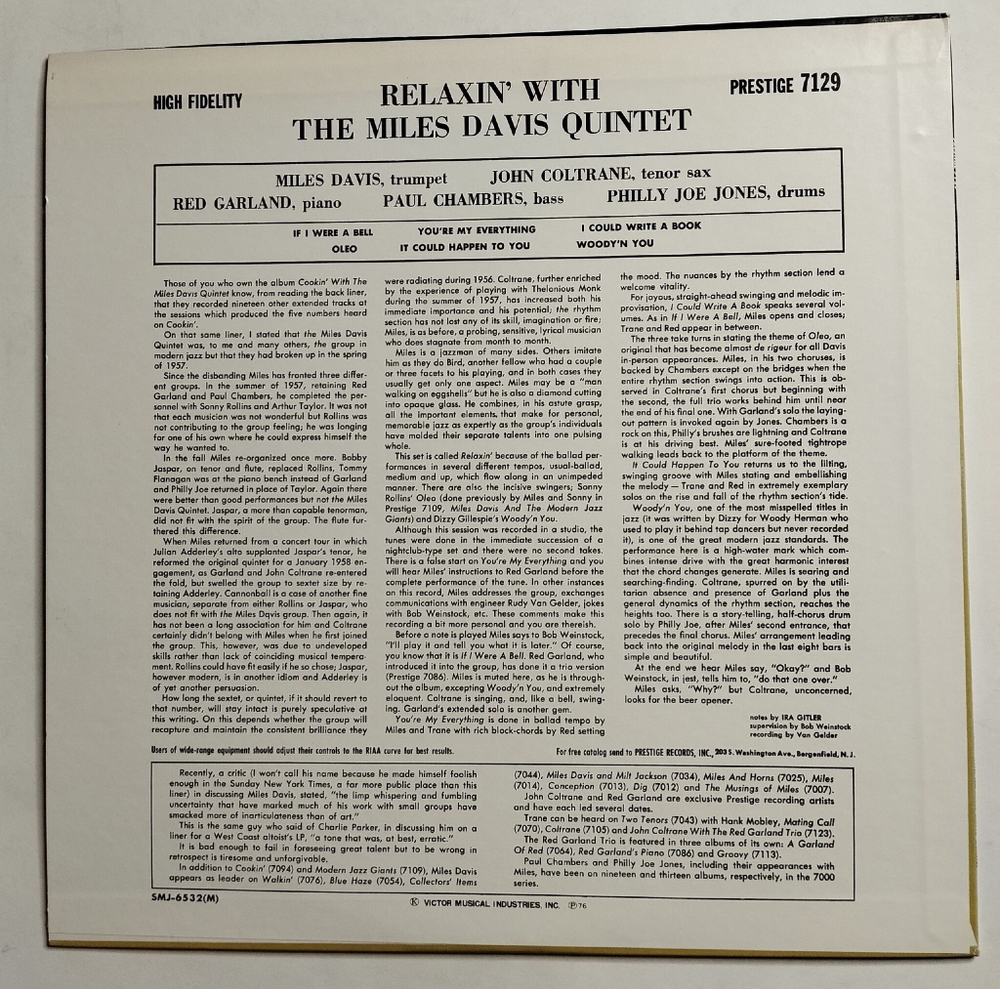 Винтажная виниловая пластинка LP Relaxin With The Miles Davis Quintet (Japan 1976) (No Obi)