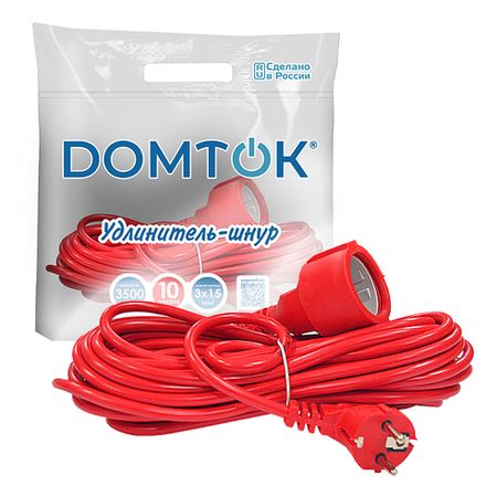 Удлинитель-шнур "DOMTOK" ПВС 3*1,5, 3,5кВт, з/к 10м (1/15)