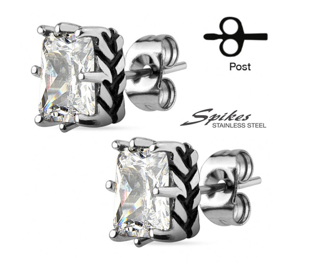 SSES-108C Крупные мужские серьги - гвоздики с искусственным камнем, сталь, «Spikes»