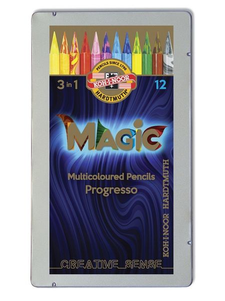 Набор 12 цельнографитных карандашей PROGRESSO MAGIC и 1 карандаш-блендер в металлической коробке