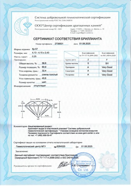 Бриллиант Кр-57 4.13 х 4.15 х 2.43 мм 2/5 0.25 ct