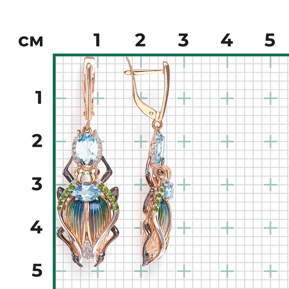 Серьги «Жуки-скарабеи» с английским замком из красного золота с миксом камней и эмалью