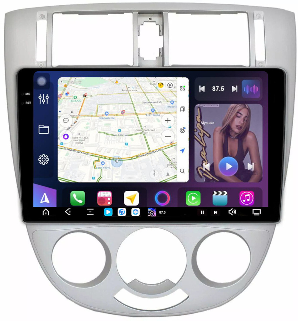 Магнитола для Chevrolet Lacetti седан/универсал, Daewoo Gentra (кондиционер, рамка серебро) - FarCar XXL3014M монитор 10.36" 2K QLED на Android 14, TS20, 8+256Гб, CarPlay, 4G SIM-слот