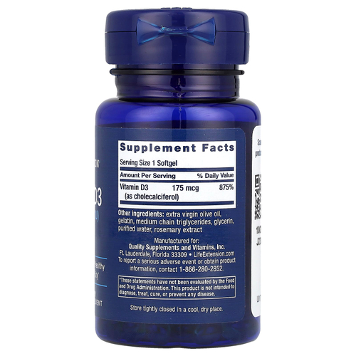 Life Extension, витамин D3, 175 мкг (7000 МЕ), 60 мягких таблеток