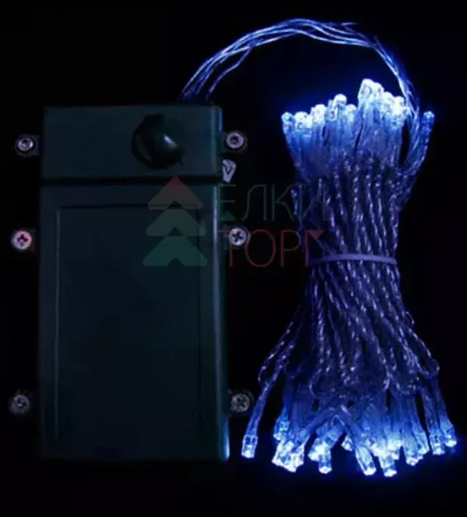 Светодиодная гирлянда 5 м., 3 батарейки типа D 4.5V, 50 LED ламп синего цвета, таймер, прозрачный провод, LTC (EST50-4W10-8B)