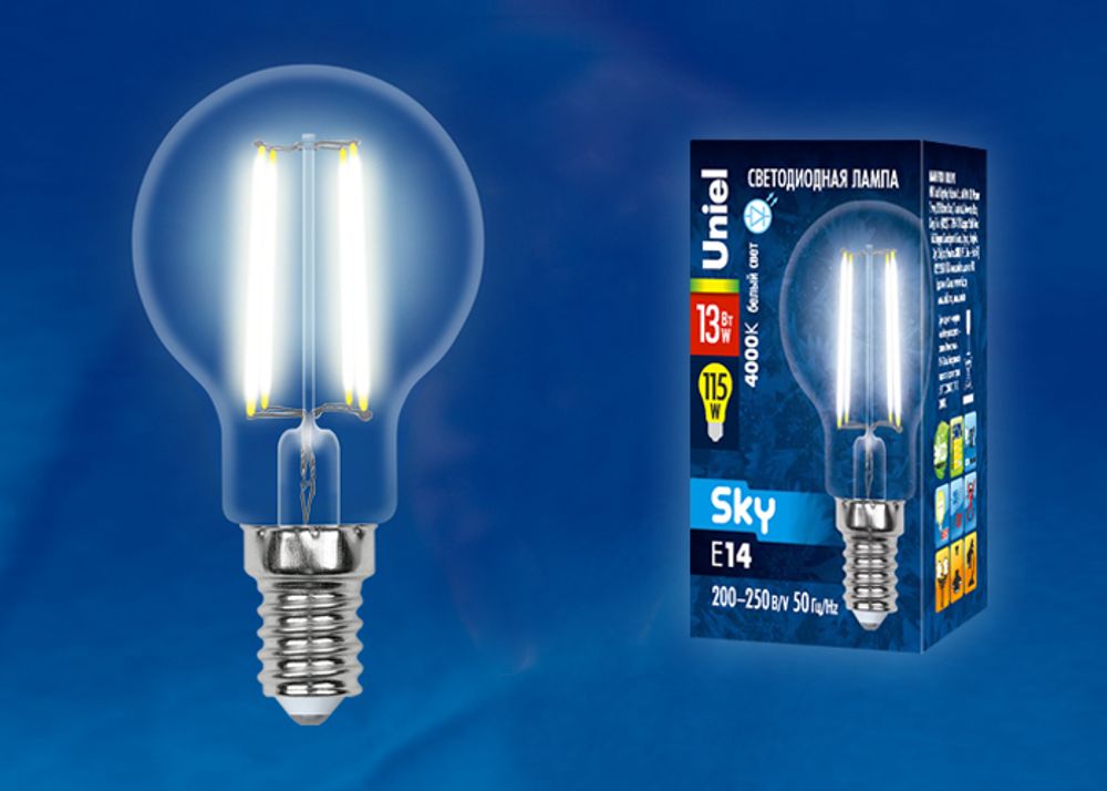 LED-G45-13W/4000K/E14/CL PLS02WH Лампа светодиодная. Форма шар, прозрачная. Серия Sky. Белый свет (4000К). Картон. ТМ Uniel.