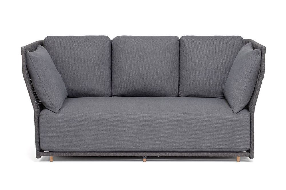 "Лугано" диван 3-местный плетеный из роупа, каркас алюминий темно-серый (RAL7024) муар, роуп темно-серый круглый, ткань темно-серая YB25-0027