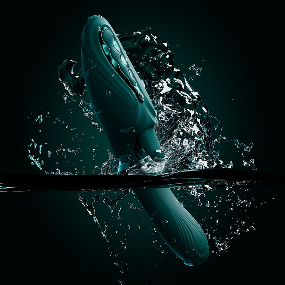 Зеленый вибратор-кролик 24,6см с функцией вылизывания и нагревом Zalo Ares G-Spot Rabbit Vibrator Turquoise Green