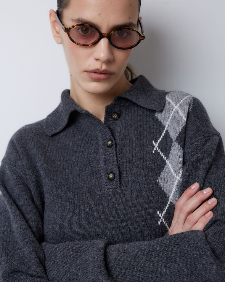 Поло из смесового кашемира ромбы темно-серый
