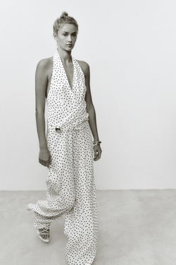 ZARA КОМБИНЕЗОН ХАЛТЕР В ГОРОШЕК, ЭКРЮ/КОРИЧНЕВЫЙ