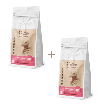 АКЦИЯ 1+1 Сухой корм DELISH super premium для стерилизованных кошек с индейкой и рисом - 5 кг + 5 кг