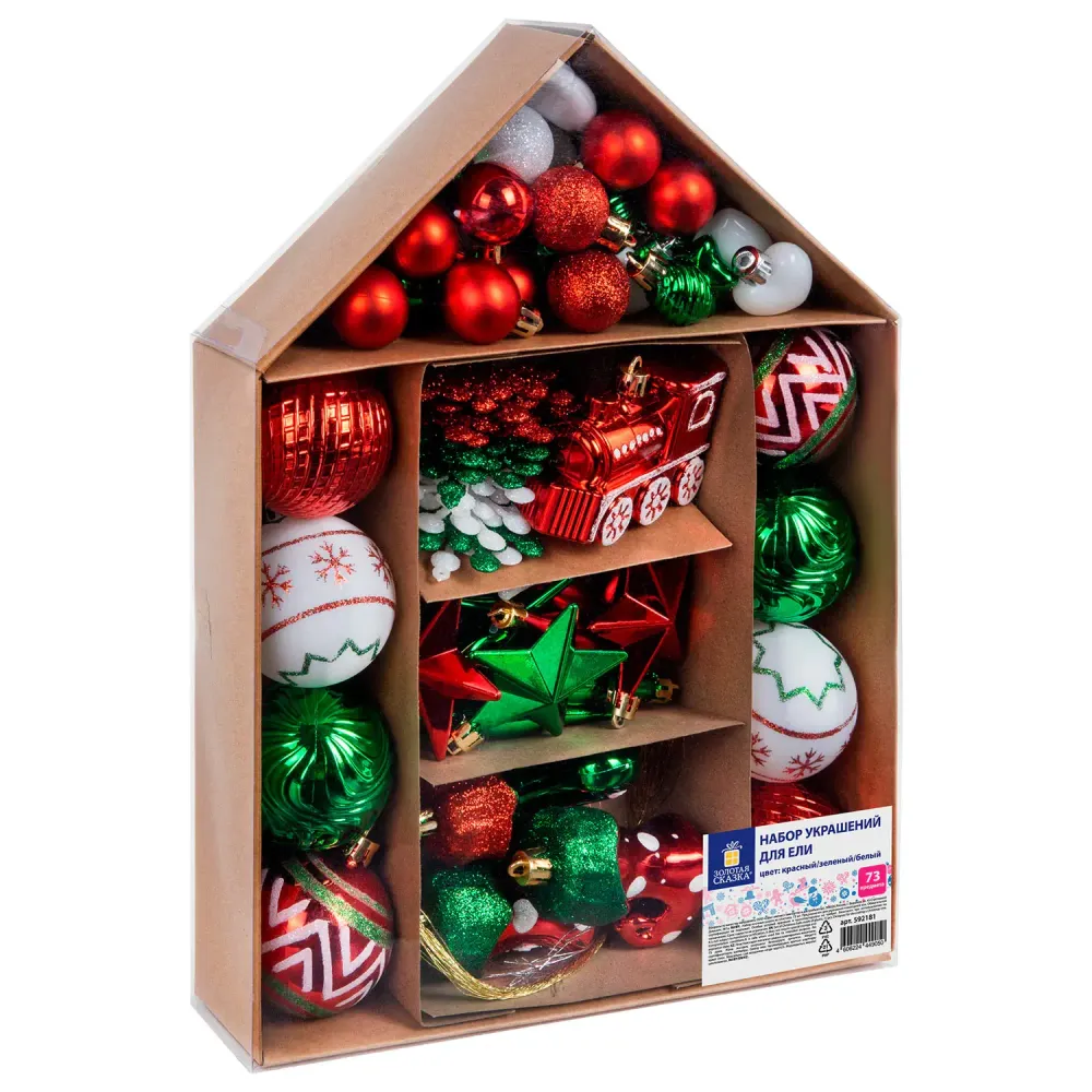 Шары ёлочные НАБОР 73 предмета, "Fairy House", красный/зеленый/белый, пластик, ЗОЛОТАЯ СКАЗКА, 592181