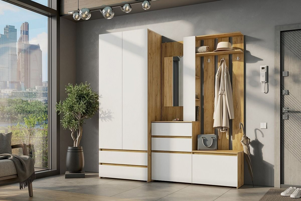 Прихожая с зеркалом комплект мебели Дуб Золотой/Белый 200х46х198 см