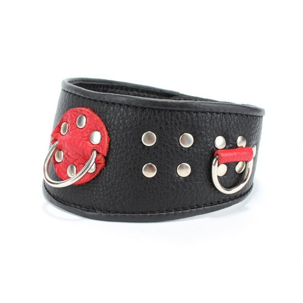 Кожаный ошейник с клепками и кольцами (Цвет: черный с красным)