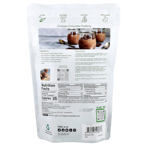 Micro Ingredients, Порошок из говяжьего желатина, без добавок, 454 г (1 фунт)