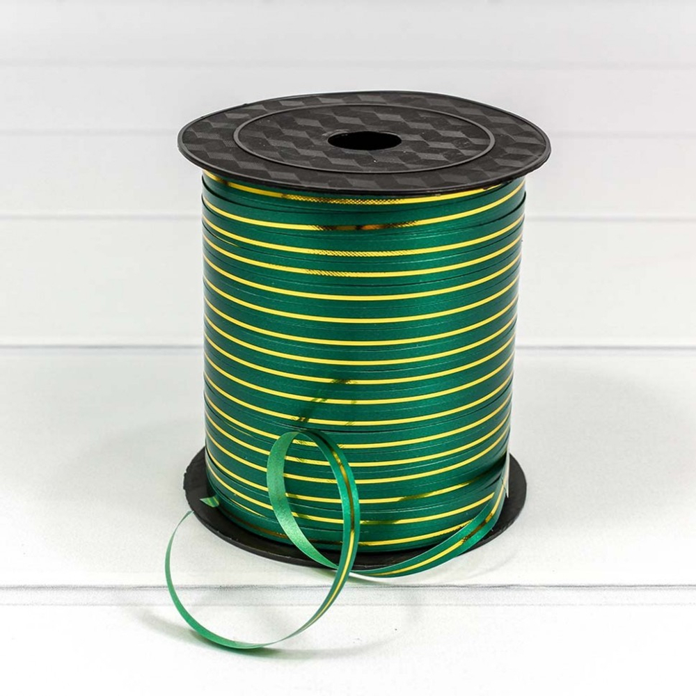 Лента Полипропилен 0,5см х 274м бобина с золотой полосой (Зеленый)